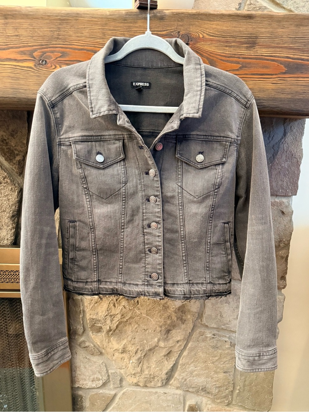 Express Women's Frayed Hem Charcoal Denim Jacket